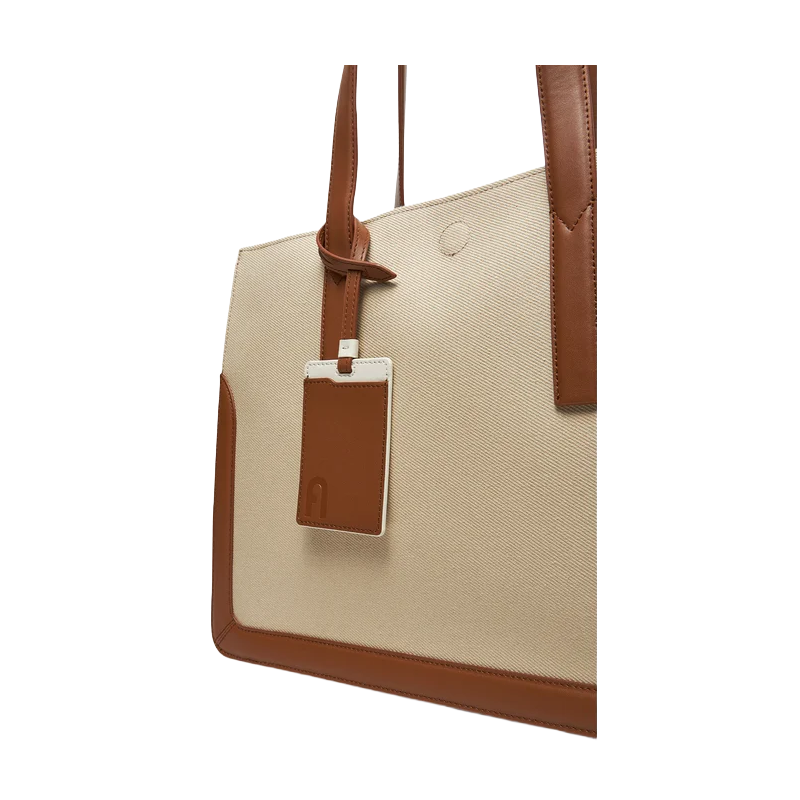Furla Baia Cotton & Leather Tote Shopper M Bag Toni Cognac (Natural & Brown)