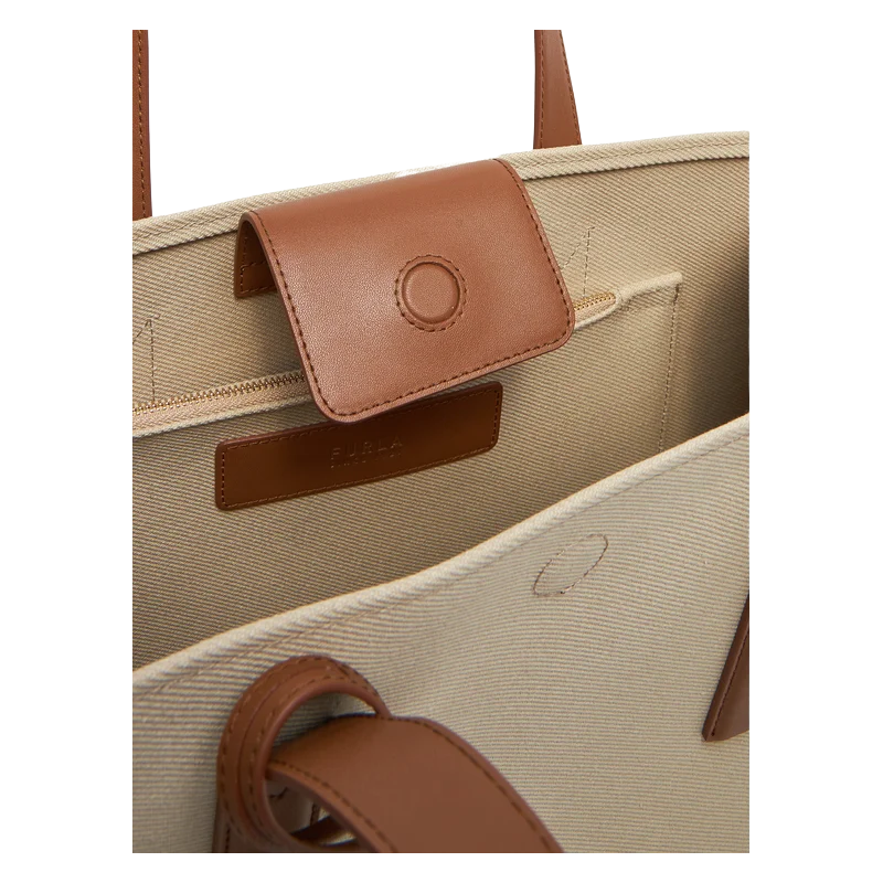 Furla Baia Cotton & Leather Tote Shopper Bag Toni Cognac (Natural & Brown)