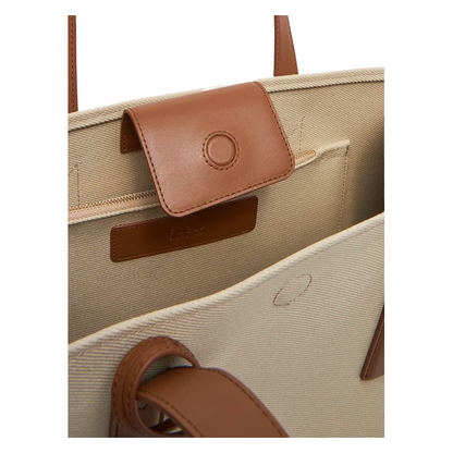 Furla Baia Cotton & Leather Tote Shopper Bag Toni Cognac (Natural & Brown)