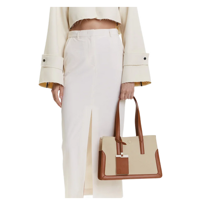 Furla Baia Cotton & Leather Tote Shopper M Bag Toni Cognac (Natural & Brown)
