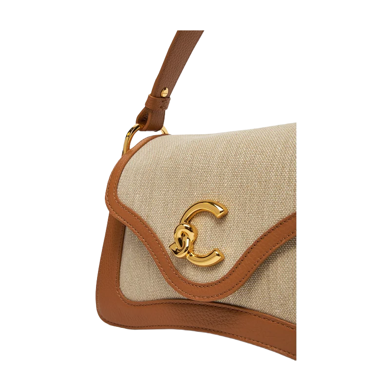 Coccinelle C-Me Canvas Cotton & Leather Small Shoulder Bag Natural/Tan