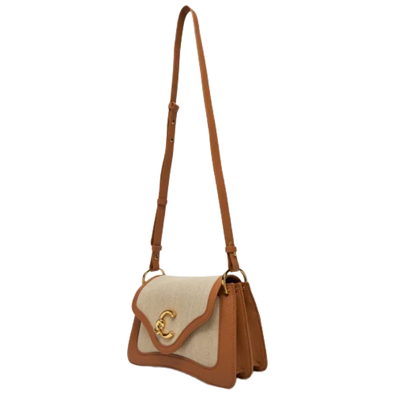 Coccinelle C-Me Canvas Cotton & Leather Small Shoulder Bag Natural/Tan
