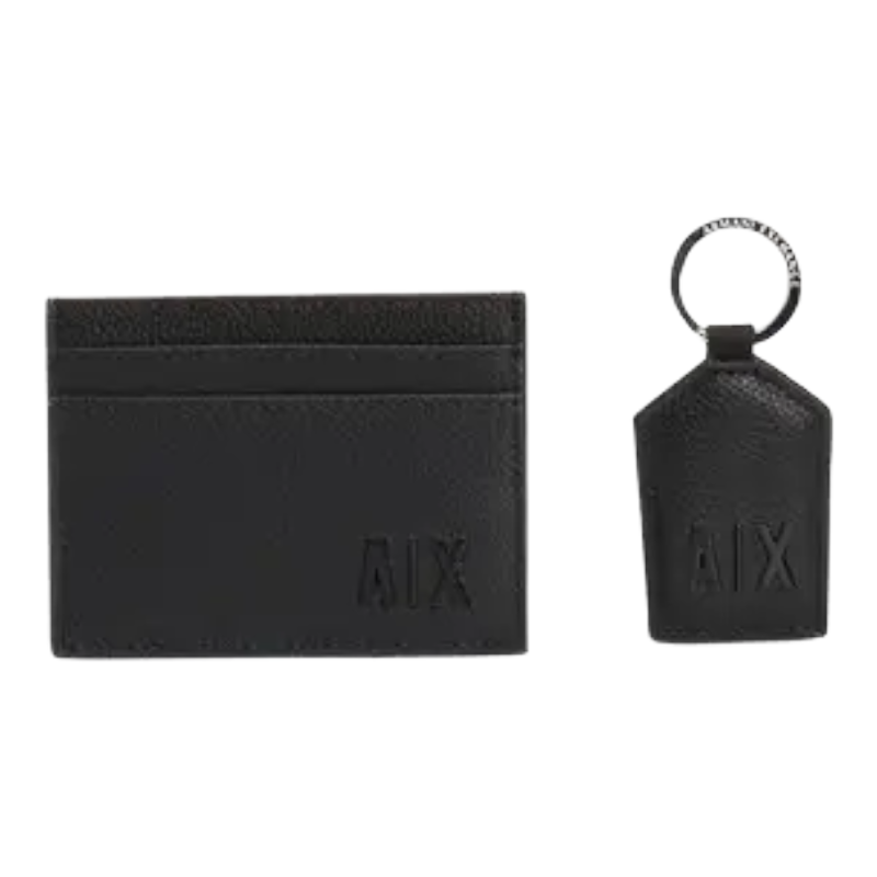 Armani Exchange Men's Black Leather Credit Card Holder & Keyring Gift Set