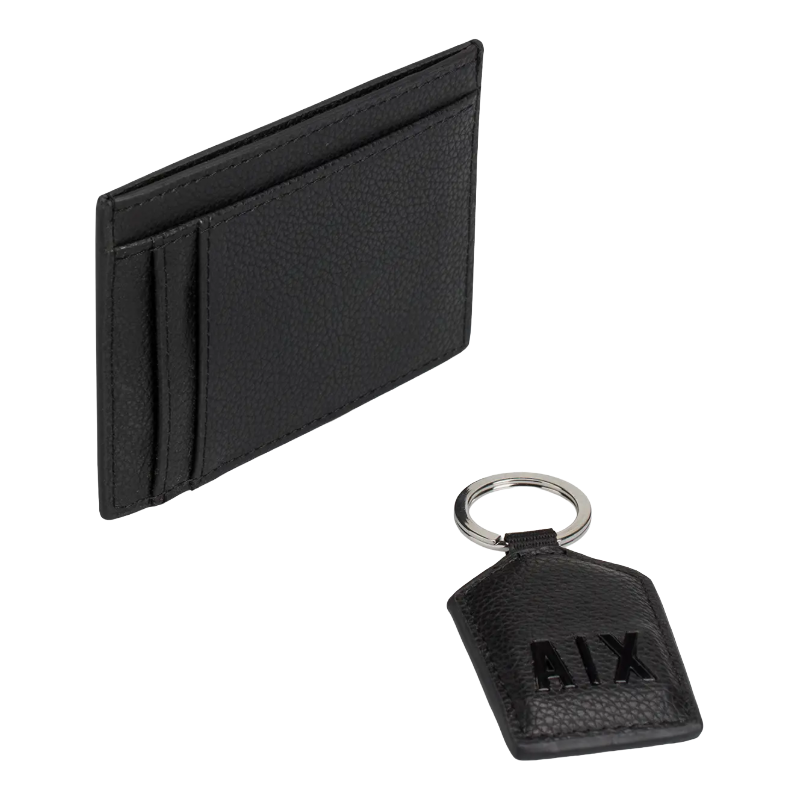 Armani Exchange Men's Black Leather Credit Card Holder & Keyring Gift Set