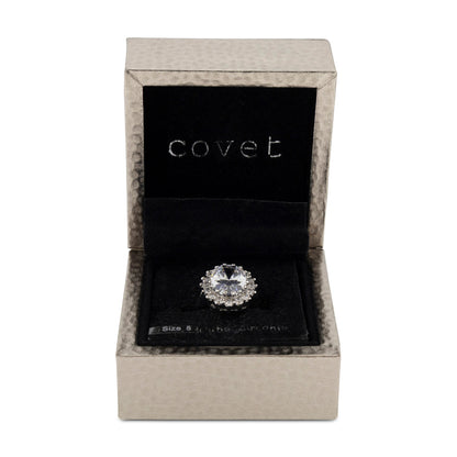 Covet Rhodium Cubic Zirconia Fancy Oval Silver Ring - Size 5