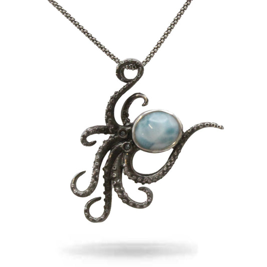 Marahlago Oxidized Octopus Larimar Stone Sterling Silver Necklace