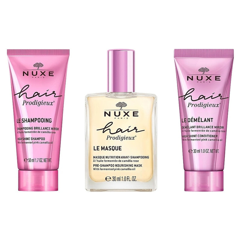 Nuxe Hair Prodigieux travel set three products on white