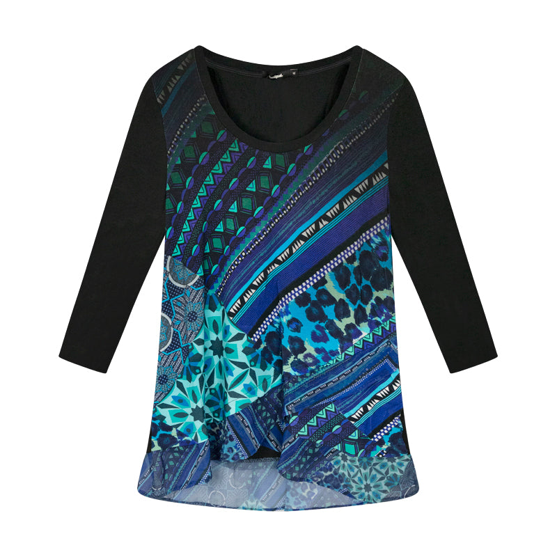 Desigual Women's Blue Patchwork Print Long Sleeve T-Shirt