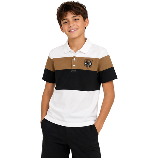 Hugo Boss Boy's Cotton Polo Shirt White/Black/Brown Crown 