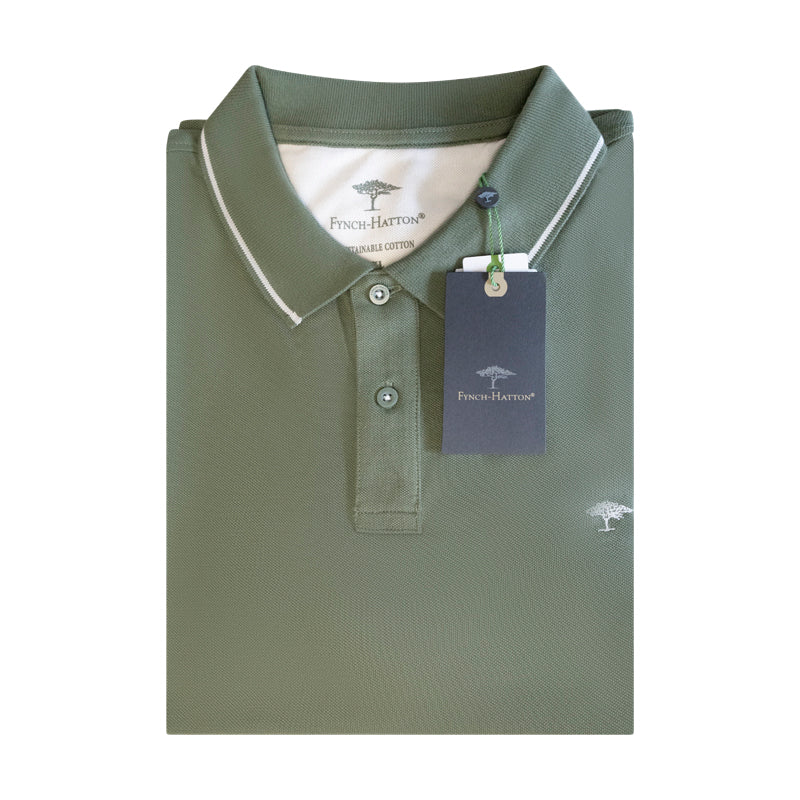 Fynch Hatton Men's Striped Collar Polo Shirt Dusty Olive Khaki