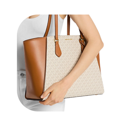 Michael Kors Taryn Large Signature Logo Leather Tote Bag Vanilla/Acorn