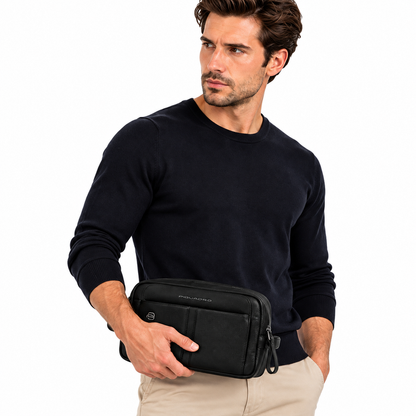 Piquadro Hedley Black Leather Toiletry Bag