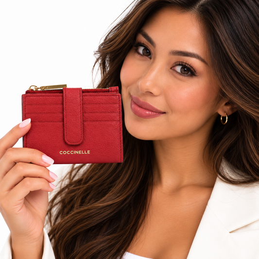 Coccinelle Metallic Soft Grained Leather Card Holder Purse Sangria Red