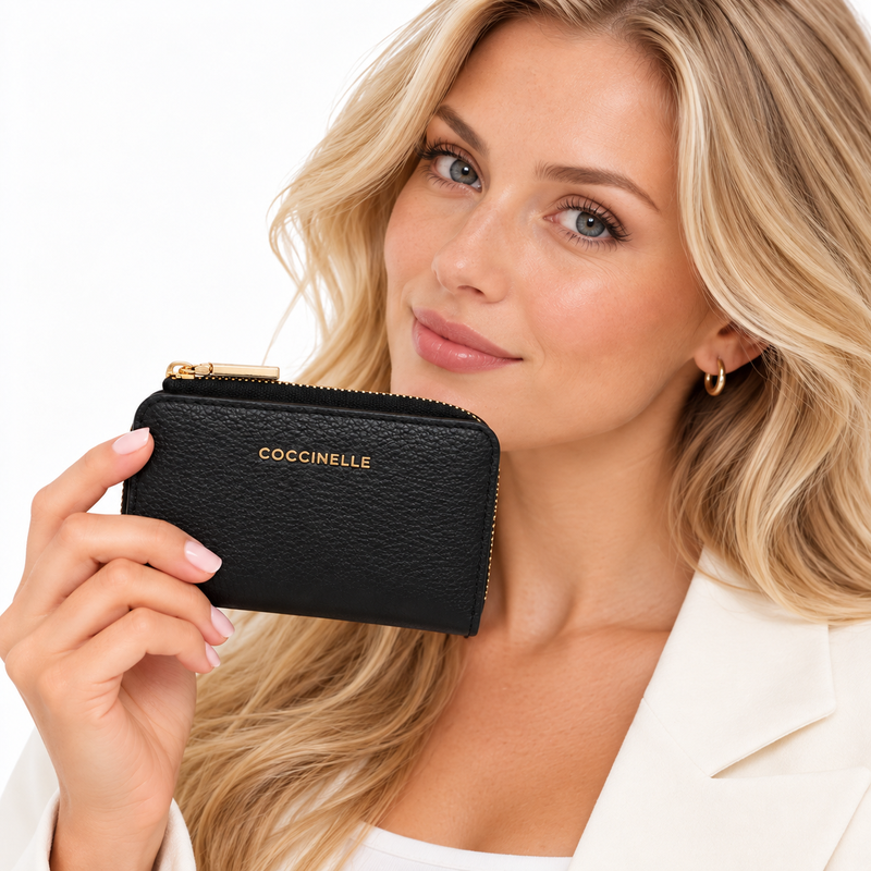 Coccinelle Metallic Soft Grained Leather Card Holder Purse Noir Black