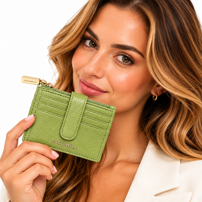 Coccinelle Metallic Soft Leather Card Holder Purse Guacamole Green