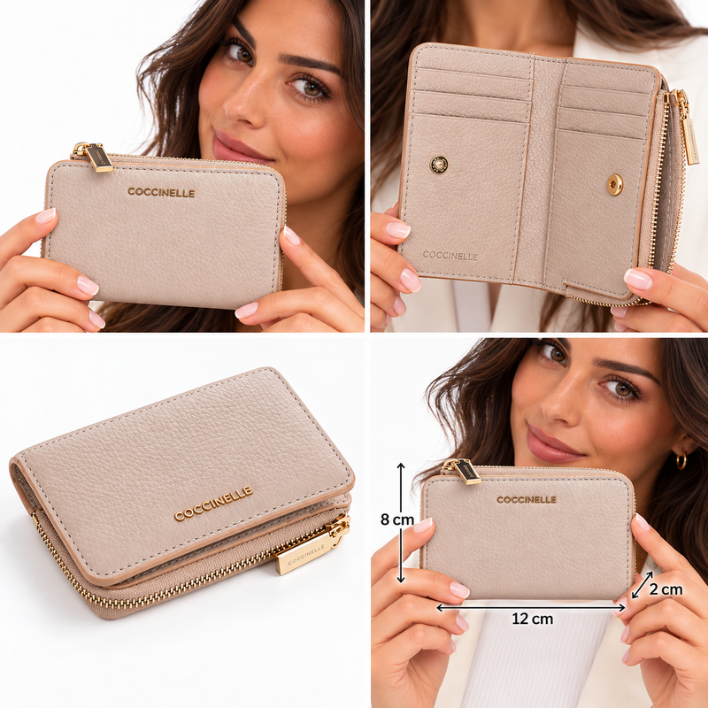 Coccinelle Metallic Soft Grained Leather Card Holder Purse Rosette Pink