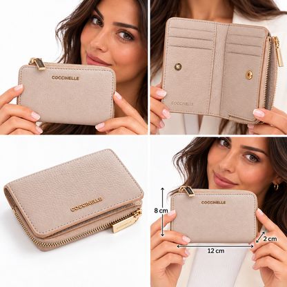 Coccinelle Metallic Soft Grained Leather Card Holder Purse Rosette Pink