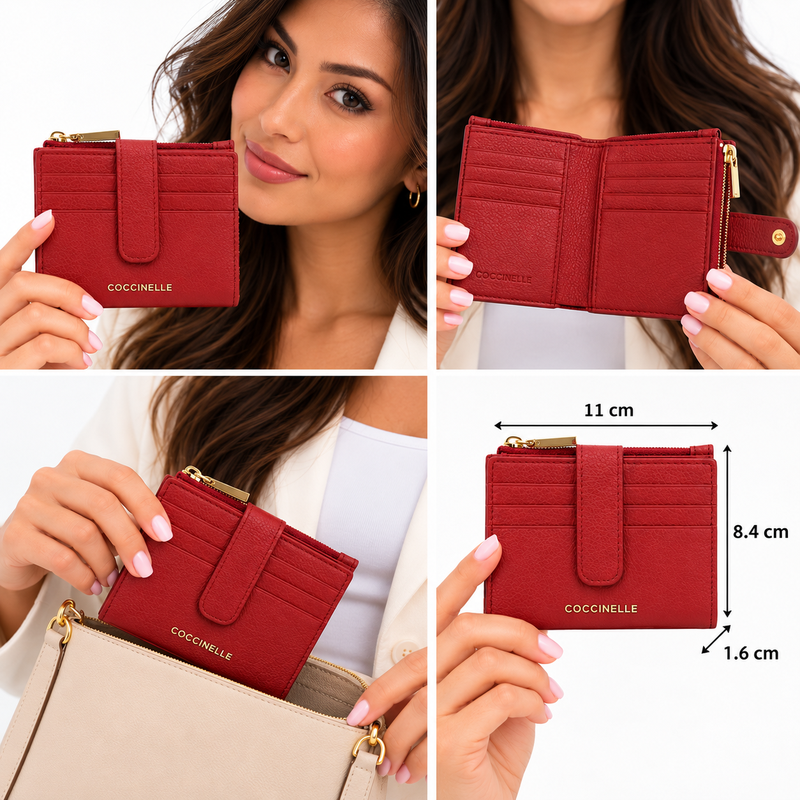 Coccinelle Metallic Soft Grained Leather Card Holder Purse Sangria Red