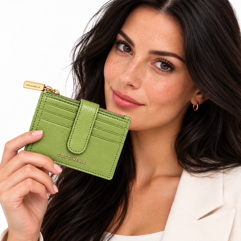 Coccinelle Metallic Soft Leather Card Holder Purse Guacamole Green