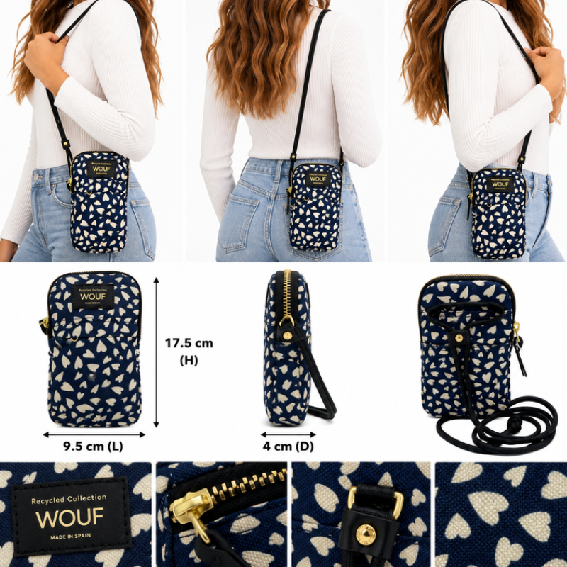 Wouf Blue & Cream Hearts Recycled Collection Crossbody Phone Bag