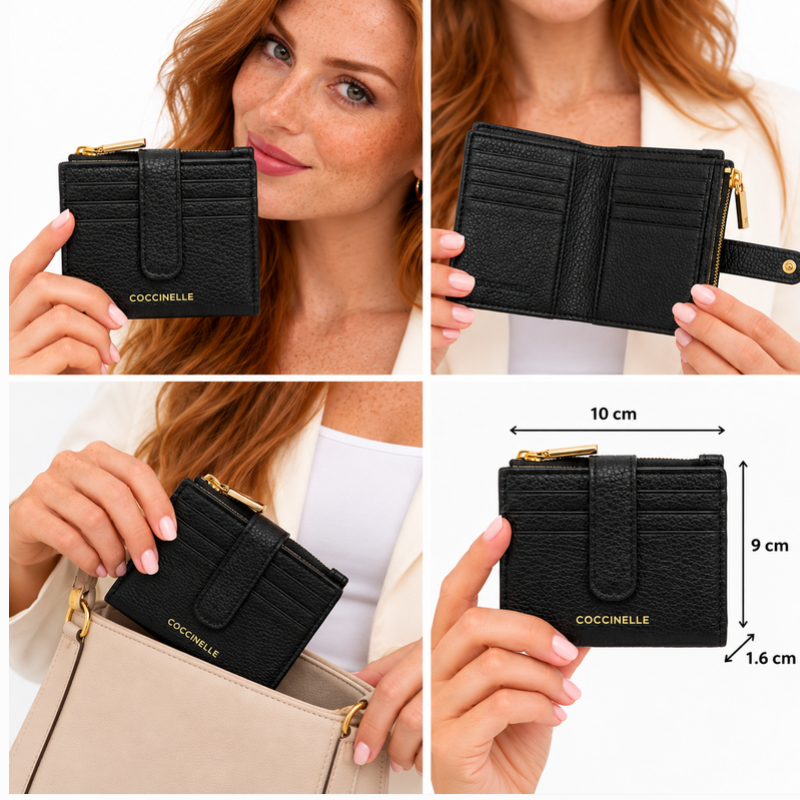 Coccinelle Metallic Soft Grained Leather Card Holder Purse Noir Black