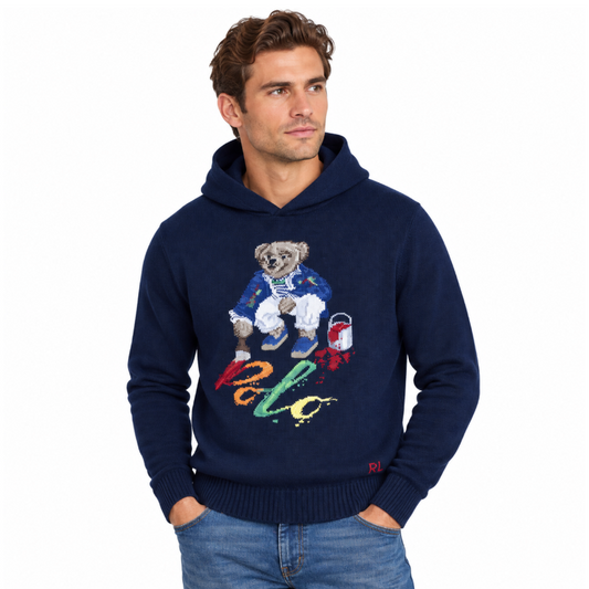 Polo Ralph Lauren Painting Bear Knitted Hoodie Navy Blue Men's