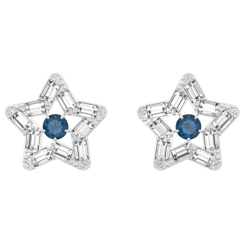 Swarovski Stella Silver Star Blue Stud Earrings Rhodium plated