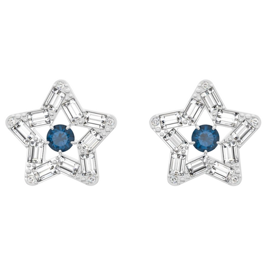 Swarovski Stella Silver Star Blue Stud Earrings Rhodium plated