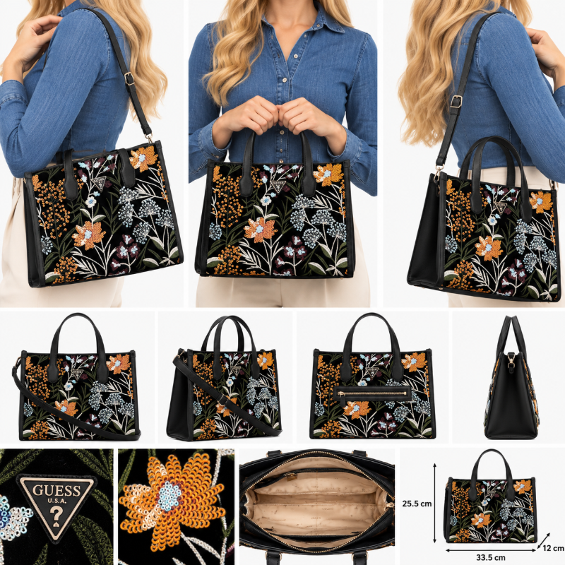Guess Zalina Mini Velvet Sequin Floral Tote Bag Black/Multi