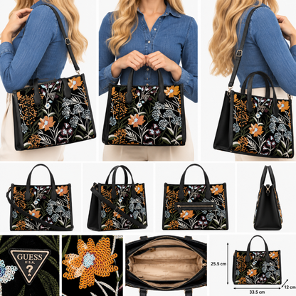 Guess Zalina Mini Velvet Sequin Floral Tote Bag Black/Multi