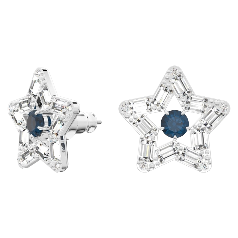 Swarovski Stella Silver Star Blue Stud Earrings Rhodium plated