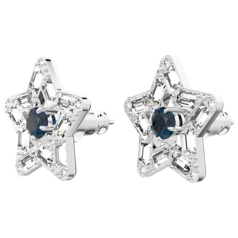 Swarovski Stella Silver Star Blue Stud Earrings Rhodium plated