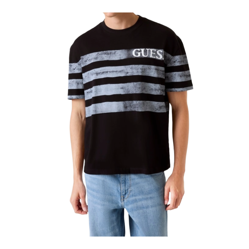 Guess Mens Classic Fit Striped Logo T-Shirt
