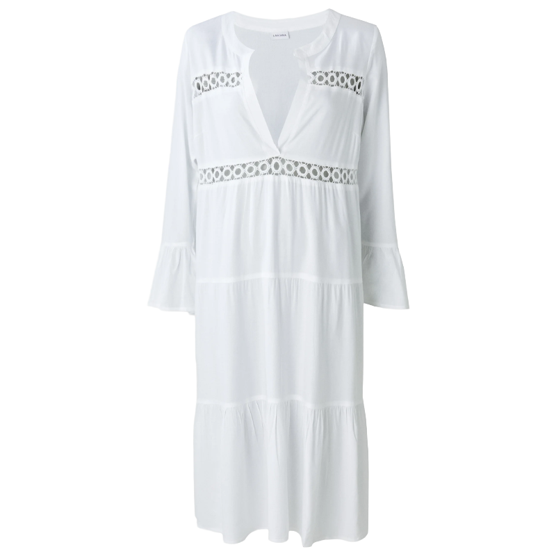 Lascana Women's Lace Insert Beach Dress 3/4 Length White 
