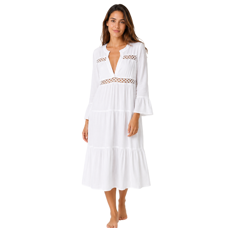 Lascana Women's Lace Insert Beach Dress 3/4 Length White 