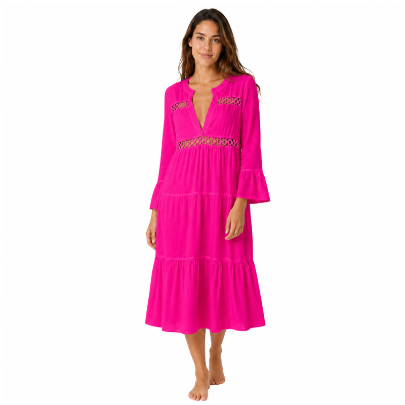 Lascana Women's Lace Insert Beach Dress 3/4 Length Pink 