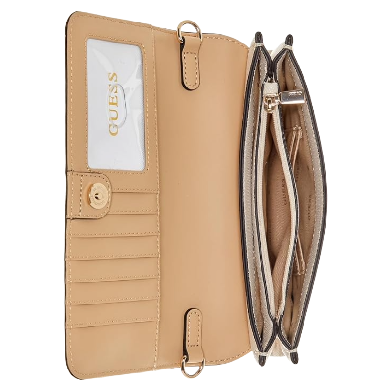 Guess Noelle Mini Evening Flap Mini Crossbody Bag Logo Pattern Beige
