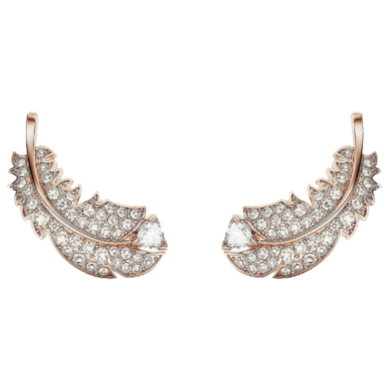 Swarovski Nice Rose Gold White Crystal Stud Feather Earrings 