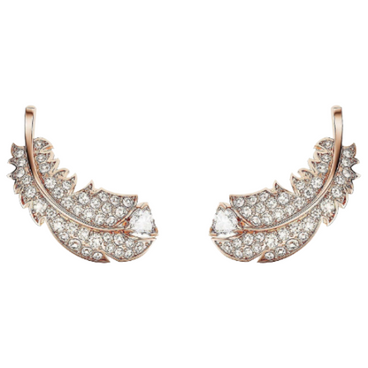 Swarovski Nice Rose Gold White Crystal Stud Feather Earrings 