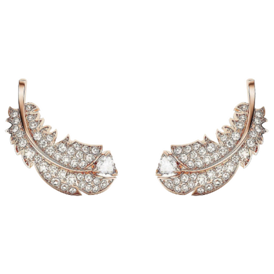 Swarovski Nice Rose Gold White Crystal Stud Feather Earrings
