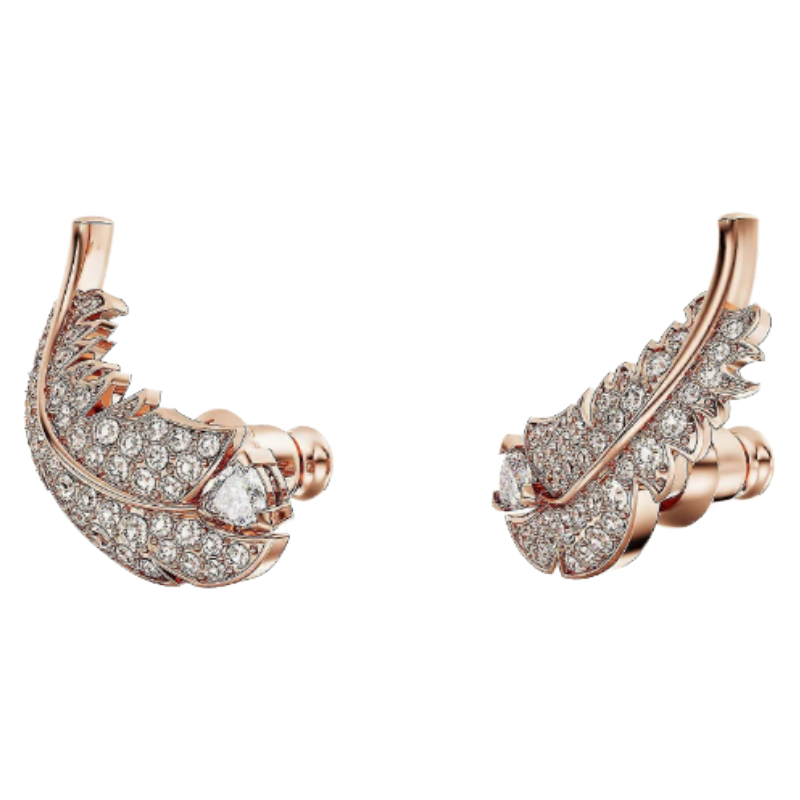 Swarovski Nice Rose Gold White Crystal Stud Feather Earrings 