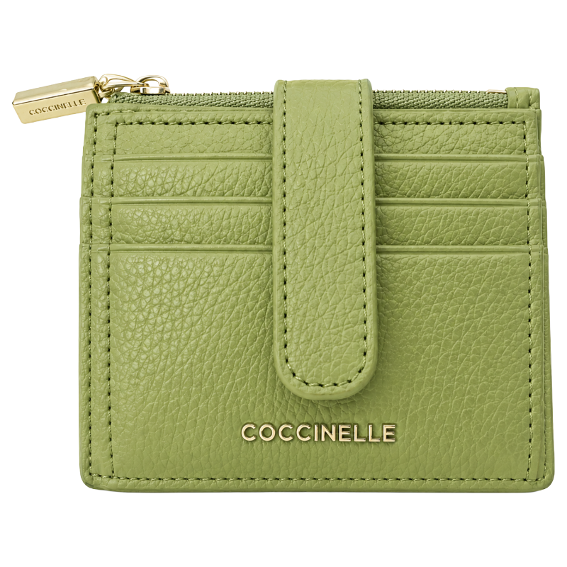Coccinelle Metallic Soft Leather Card Holder Purse Guacamole Green