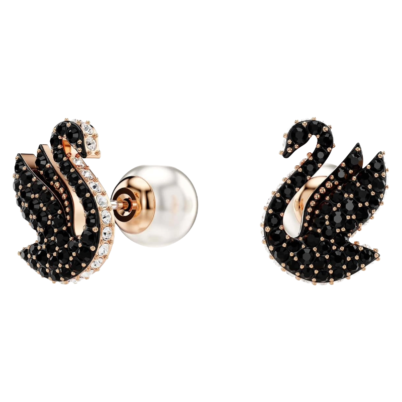 Swarovski Iconic Swan Rose Gold Tone & Black Crystal Earrings 5689659