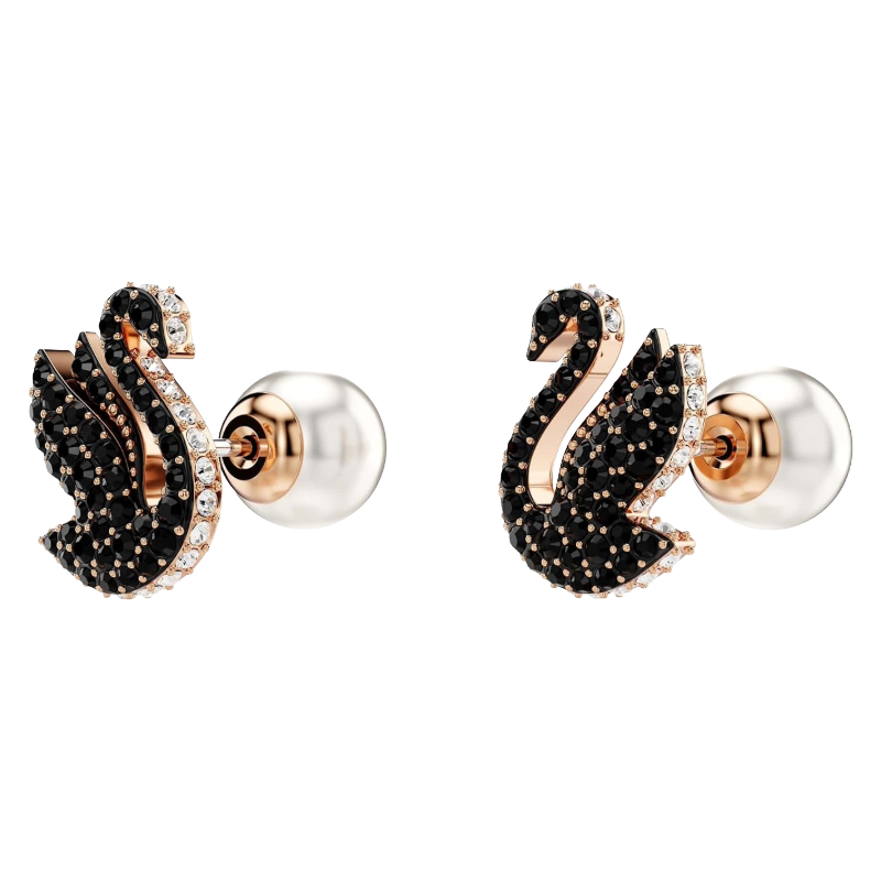 Swarovski Iconic Swan Rose Gold Tone & Black Crystal Earrings 5689659