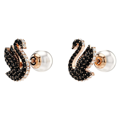 Swarovski Iconic Swan Rose Gold Tone & Black Crystal Earrings 5689659
