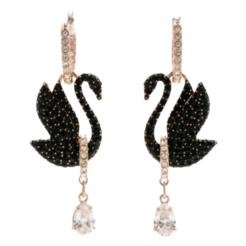 Swarovski Iconic Swan Rose Gold Tone & Black Crystal Earrings 5689659