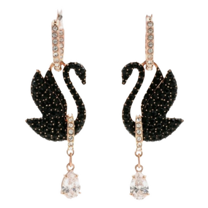 Swarovski Iconic Swan Rose Gold Tone & Black Crystal Earrings 5689659