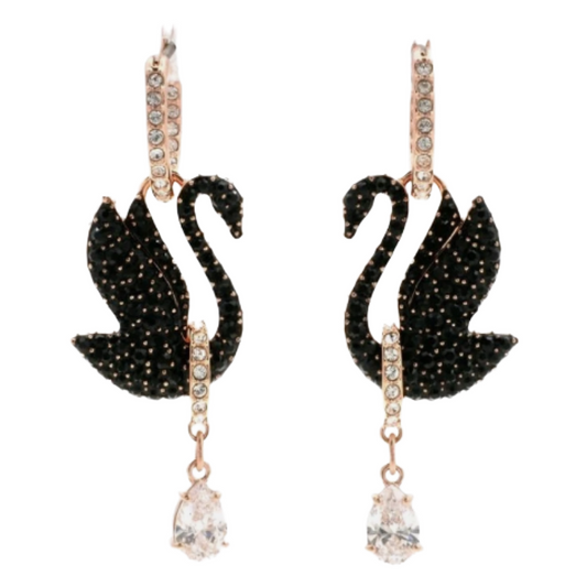 Swarovski Iconic Swan Rose Gold Tone & Black Crystal Earrings 5689659