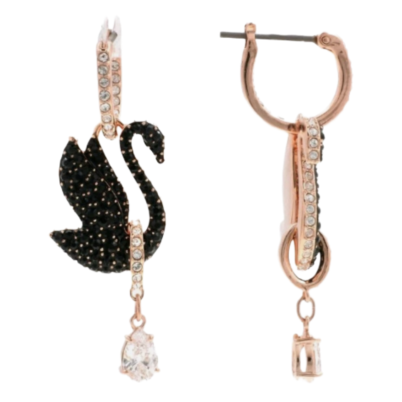 Swarovski Iconic Swan Rose Gold Tone & Black Crystal Earrings 5689659