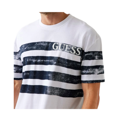 Guess Mens Classic Fit Striped Logo T-Shirt